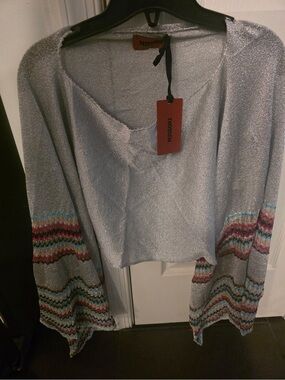 Missoni Silver V-Neck Sweater with Multicolor Chevron Sleeve Accents
